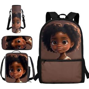 African Girl Bookbag and Lunch Box Set for Toddler Girls Cute School Bag Set for Girls Elementary Middle School Bookbags Kids Water Bottle Holder 4 in 1 Junior Backpack Set