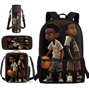 African Girl Bookbag and Lunch Box Set for Toddler Girls Cute School Bag Set for Girls Elementary Middle School Bookbags Kids Water Bottle Holder 4 in 1 Junior Backpack Set
