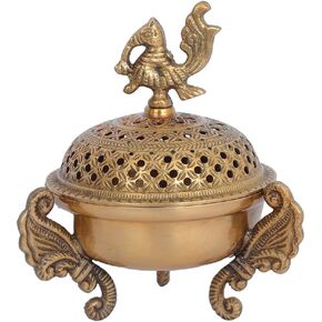 Skywalk Handcrafted Brass Loban Dhoop Dani with Peacock Incense Dhoop Burner for Home Office Temple Prayer Pbs-Ld-41 Standard Gold