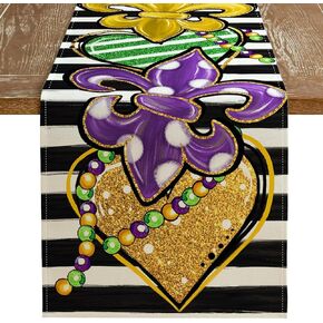 ARKENY Mardi Gras Table Runner 72x13 Inches Fleur De Lis Mask Beads Purple Carnival Table Decor, Stripe Burlap Farmhouse Indoor Outdoor Holiday Decoration for Home Party