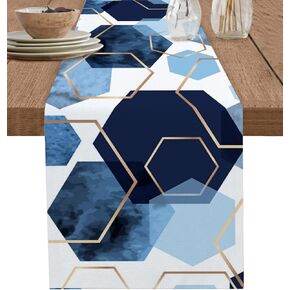 Modern Geometric Navy Blue Table Runner 72 Inches Long for Dining Table, Farmhouse Table Runner Washable Dresser Scarf for Coffee Table Kitchen Party Holiday Abstract Gold Lines Nordic Art