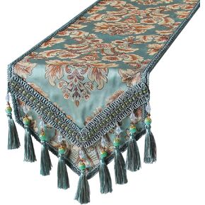 kilofly Elegant Floral Brocade Jacquard Table Runner Tassels (60 x 12 inches)