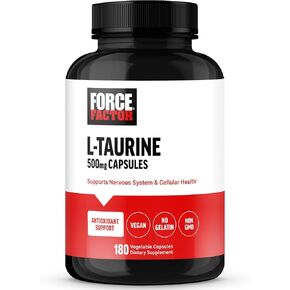 FORCE FACTOR Taurine Supplement, Taurine 500mg Capsules Antioxidant Supplement to Support Nervous System and Cellular Health, Vegan, No Gelatin, Non-GMO, 180 Vegetable Capsules