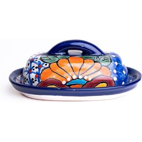 Butter Dish Ceramic Talavera with Lid Hand Painted Authentic Mexican Pottery Kitchen Floral Design (Green)