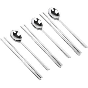 Polished Stainless Steel Spoons and Chopsticks Set, Korean Chopsticks and Spoons tableware with long-hand, Reusable, set of 3-silver