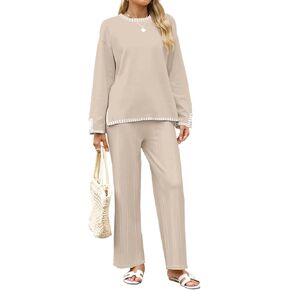 ETCYY NEW Womens 2 Piece Outfits Sweater Sets Pleated Leg Pants Long Sleeve Knit Sawtooth Edge Top Lounge Sets Tracksuits