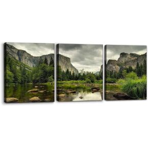 Yosemite National Park Canvas Wall Art Decor 3 Pieces Landscape Wall Art Clear Water Lake Mountain Pictures Painting Prints on Canvas Modern Decoration Stretched Framed Ready to Hang - 12"x16"x3 Panel