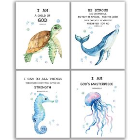 Scripture Bible Verse Wall Decor Set of 4 (8"X10"), Watercolor Blue Ocean Theme Religious Gifts for Children, Inspirational Bible Verses Quotes Baby Nursery Wall Decor, No Frame