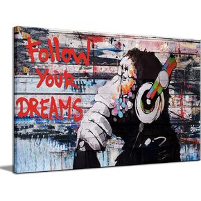 Framed Banksy Graffiti Canvas Wall Art Follow Your Dreams Monkey Poster With Headphones Prints Street Painting Picture Man Cave Wall Decor Pop Art for Living Room Ready To Hang 12"Wx16"H (30x40cm))