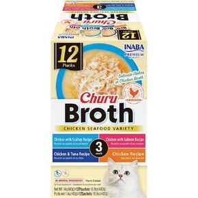 INABA Churu Broth for Cats, Creamy Broth with Shredded Chicken Side Dish Pouch, 1.4 Ounces per Pouch, 12 Pouches Total, Chicken Variety