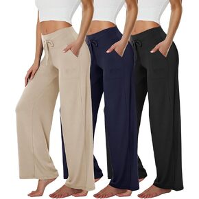 TNNZEET 3 Pack Wide Leg Yoga Pants for Women with Pockets - Casual Loose Sweatpants Palazzo Lounge Pajama Pants