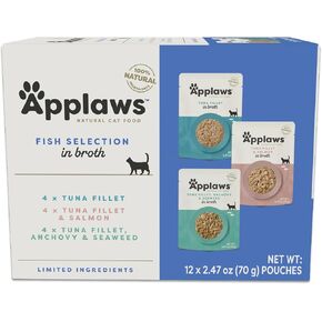 Applaws Wet Cat Food, 12 Count, Limited Ingredient Wet Cat Food Pouches, Variety of Fish Flavors in Broth, 2.47oz Pouches