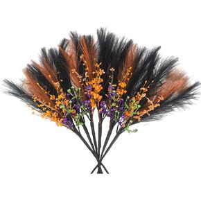 6 Pcs 20inch Artificial Black Orange Pampas Grass Stems Halloween Branches Picks with Faux Glitter Berries Stems Fake Twig Bush Branches for Vases Haunted House Gothic Floral Decor in Kuwait
