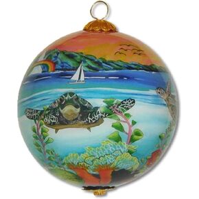 Collectible Hawaiian Glass Ornament Hand Painted Sea Turtles in The sunsetwith Gift Box Hand Painted Sea Turtles in The sunset