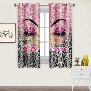 BSPPTI Hello Gorgeous Unicorn Eyelash Print Curtain, Pink Eyes Leopard Print Splicing Room Darkening Thermal Insulated Blackout Window Drapes for Living, Bedroom, 42"x 84", 2 Panels, CLLSSP1505