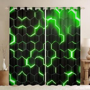 Erosebridal Geometric Curtains 42" Wx63 L,Teen Boys Green Black Neon Light Honeycomb Window Curtainss,Geometry Hexagon Curtains & Drapes Modern Fashion Window Treatments 2 Panels Home Room Decor