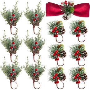 12PCS Christmas Napkin Rings Lanstics Xmas Napkin Holders Holly Berry Napkin Buckles with Pine Cone Needle Wooden Tableware Supplies for Banquet Party Table Decoration
