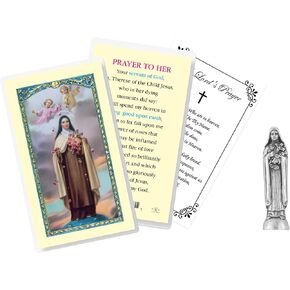 Mini St Therese of Lisieux Statue (3 Inch) - Laminated St Therese Prayer Card, The Lord's Prayer - St Therese Statue, Catholic Cards Set - The Little Flower Small St Theresa Statue - 3 Items