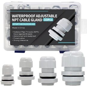 33PCS Cable Gland Waterproof Kit White IP68, Plastic Cable Connectors Black Nylon Adjustable 3-18mm with Locknut and Washer,Electrical Conduit Fitting 1/4" 3/8"1/2"3/4" Strain Relief Cord Grip