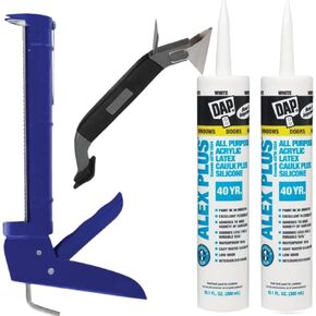 Caulking Tool Kit Bundle: Caulk Gun-10.1oz White Acrylic Latex w/Silicone (2 Pack)- 3-in-1 (Caulk Remover Tool, Finishing & Application)(4 Items Total),775110/CT31-DIB/783423-2