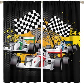 Black and Whit Curtains Racing Flag Car Sports Theme Window Treatment for Kids Boys Bedroom Living Room Rod Pocket Decor Window Drapes 42" W X 45" L