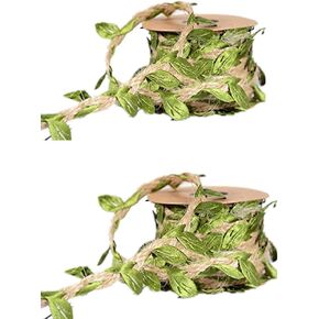 2 packs Natural Jute Twine, 5MM Burlap Leaf Ribbon Artificial Vine Green Leaves Wedding Home Garden, Perfect Braided Decorated Vine for Art & Crafting Home Packing Decoration and any Party Décor