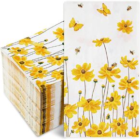 AnyDesign 80 Pack Calliopsis Paper Napkins Summer Flower Bee Dinner Napkins Yellow Floral Decorative Disposable Luncheon Hand Napkin for Spring Home Holiday Party Supplies, 6.5 x 6.5 Inch