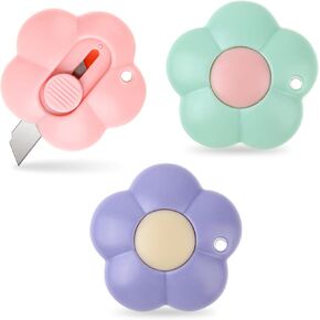 Cute Retractable Box Cutters Flower Shaped Mini Box Cutters Utility Knives Art Cutter Package Opener Tool for Office, Home, DIY Crafts (Purple&Green&Pink)