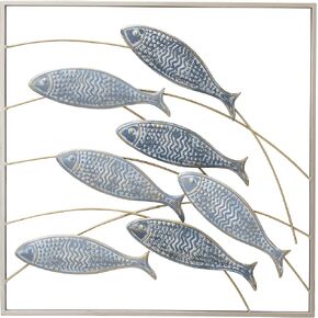 WHW Whole House Worlds Framed Wild Fish Metal Wall Decor, Abstract Primitive Bas-Relief Art, Painted, Textured and Incised Details, 19.75 x 19.75 Inches