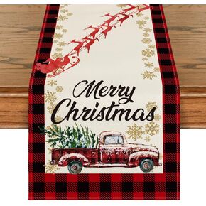 Artoid Mode Red and Black Buffalo Plaid Truck Merry Christmas Table Runner, Seasonal Winter Xmas Holiday Kitchen Dining Table Decoration for Indoor Outdoor Home Party Decor 13 x 72 Inch