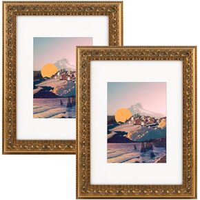 Frametory, Set of 2, 9x12 Ornate Photo Frame with White Color Mat for 6x8 Picture & Real Glass, Dark Brown & Bronze