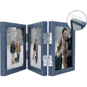 3 Picture Frame 5x7 Three Wooden Photo Collage Frame Farmhouse Hinged Triple Foldable Frame for Grandma Grandchildren Gift Tabletop Desk Double Side Display (Wooden)