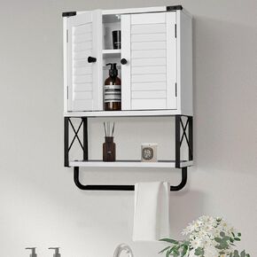Bathroom Medicine Wall Cabinet, Bathroom Hanging Storage Cabinets with Louver Doors, Medicine Cabinet Organizer Wall Mounted with Towel Bar, White