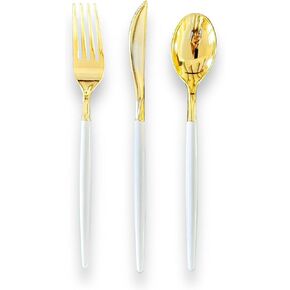 180 Piece Gold & White Modern Plastic Silverware Heavy-Duty Gold Silverware Set Weddings Parties Includes 60 Forks 60 Knives 60 Spoons Gold Disposable Utensils Gold Plastic Silverware Gold Utensils