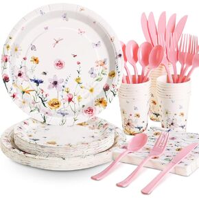 Wildflower Party Supplies Decorations 175PCS Floral Paper Plates and Napkins Party Supplies, Tea Party Plates and Cups Disposable Dinnerware Sets for Spring Butterfly Birthday Decorations, Serves 25