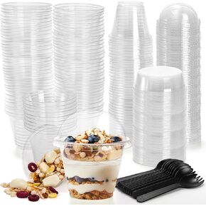 100 Pack Clear Plastic Parfait Cups with Insert & Dome Lids, 9 OZ Mini Yogurt Fruit Parfait Containers, To-Go Crunch Cup Cereal Cup, Disposable Party Dessert Cups with Forks for Veggies, Dips