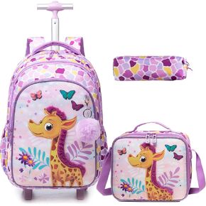 Egchescebo Kids حقيبة ظهر متدحرجة للفتيات على شكل حورية البحر حقائب ظهر بعجلات على عجلات مع علبة غداء مقلمة للجيوب الابتدائية متعددة الجيوب وحقيبة مدرسية للسفر باللون الوردي