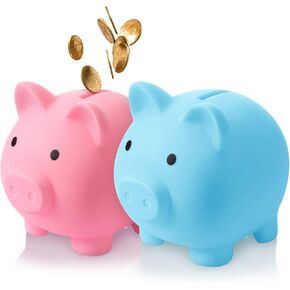 2 Pieces Cute Piggy Bank Cute Plastic Pig Money Bank Adults Unbreakable Piggy Bank Pig Money Box Coin Bank Plastic Saving Coin Box for Boys Girls Kids (Blue, Pink,L)