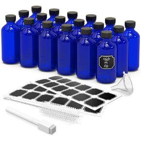 Nevlers 18 PK 8 oz Glass Bottles with Lids | Leakproof Cobalt Blue Glass Bottle | Small Glass Bottles for Vanilla Extract Homemade, Medicine Bottles, Extract Bottles, & Apothecary Bottles with Caps