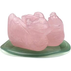Jovivi Natural Rose Quartz Mandarin Ducks Feng Shui Crystal Love Birds on Lotus Leaf Figurine for Love and Romance - (Male and Female) - Valentines Day Gifts