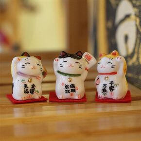 Set of 3 Mini Japanese Ceramic Maneki Neko Lucky Fortune cat Figurines Waving Fortune Decor Ornaments for Home Decor, Gifts for Mom, Girlfriend