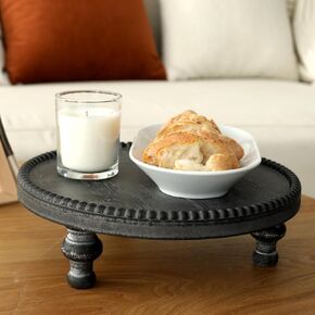 SwallowLiving Rustic Round Wood Tray Riser Farmhouse Pedestal Stand with Beaded Edge for Decor Wooden Finish Cupcake Display for Cakes and Decorative Items 11.8 inches