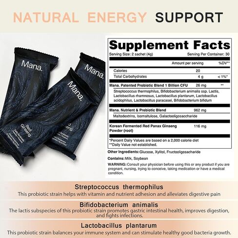 Olina Mana Korean Fermented Red Ginseng Supplement - Synbiotic Powder with Prebiotics, and Probiotics for Women and Men, Energy Supplements for Stress Relief, Mood Support Supplement - 30 Count in Saudi Arabia