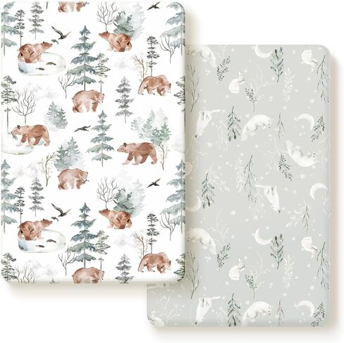 Pack n Play Sheets Fitted 2 Pack، حزمة من نسيج الجيرسي فائق النعومة وقابلة للتمدد وملاءات اللعب، مرتبة عالمية محمولة/صغيرة لسرير الأطفال مريحة وآمنة، طباعة زهور وردية خدود جميلة وحيوانات لطيفة in Kuwait
