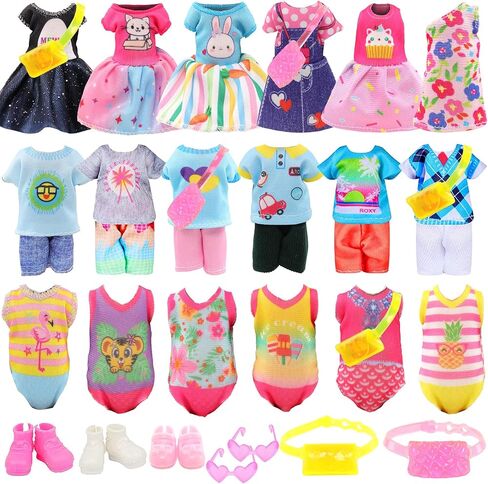 Miunana 19 Pcs 5.3 Inch Doll Clothes and Accessories - 3 Dresses, 3 Outfits, 3 Swimsuits, 3 Shoes, 2 Sunglasses, 5 Outfits Hangers in Kuwait