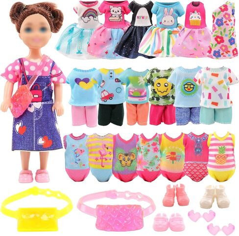 Miunana 19 Pcs 5.3 Inch Doll Clothes and Accessories - 3 Dresses, 3 Outfits, 3 Swimsuits, 3 Shoes, 2 Sunglasses, 5 Outfits Hangers in Kuwait