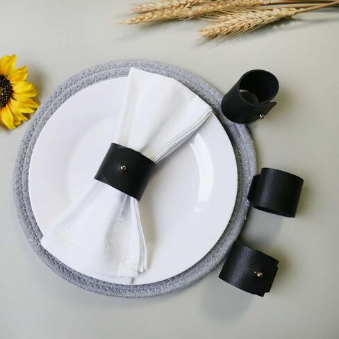 Leather Farmhouse Napkin Rings Set of 4, Natural Napkin Holder for Wedding, Dinner Party, Handmade Rustic Table Decor Napkin Ring for Valentine’s Day, Spring (Black) in Saudi Arabia
