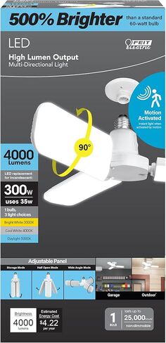 Feit Electric Smart LED Garage Light, RGBW 3 Panel, WiFi 2.4GHz, Screw-in LED Shop Light Bulb, Works with Alexa and Google Home Assistant, E26, 4000 Lumens, Garage Ceiling Light, ADJ4000/RGBW/LED/AG in Saudi Arabia
