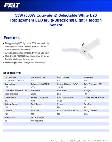 Feit Electric Smart LED Garage Light, RGBW 3 Panel, WiFi 2.4GHz, Screw-in LED Shop Light Bulb, Works with Alexa and Google Home Assistant, E26, 4000 Lumens, Garage Ceiling Light, ADJ4000/RGBW/LED/AG in Saudi Arabia