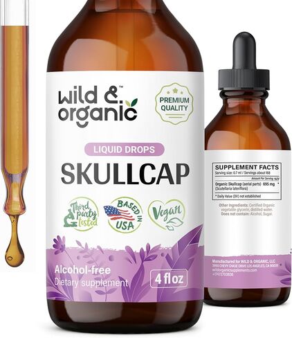Wild & Organic Skullcap Herb Tincture - Skullcap Supplement - Mood Support - Vegan, Alcohol Free Liquid Extract - 4 fl oz in Kuwait
